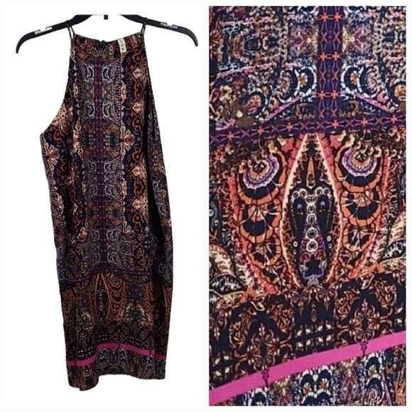 Tyche Navy Tribal Print Trapeze Shift Mini Dress Sleeveless High Neck Summer - Picture 6 of 11